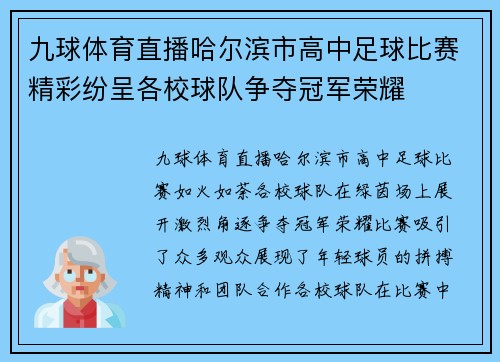 九球体育直播哈尔滨市高中足球比赛精彩纷呈各校球队争夺冠军荣耀