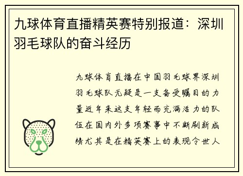 九球体育直播精英赛特别报道：深圳羽毛球队的奋斗经历